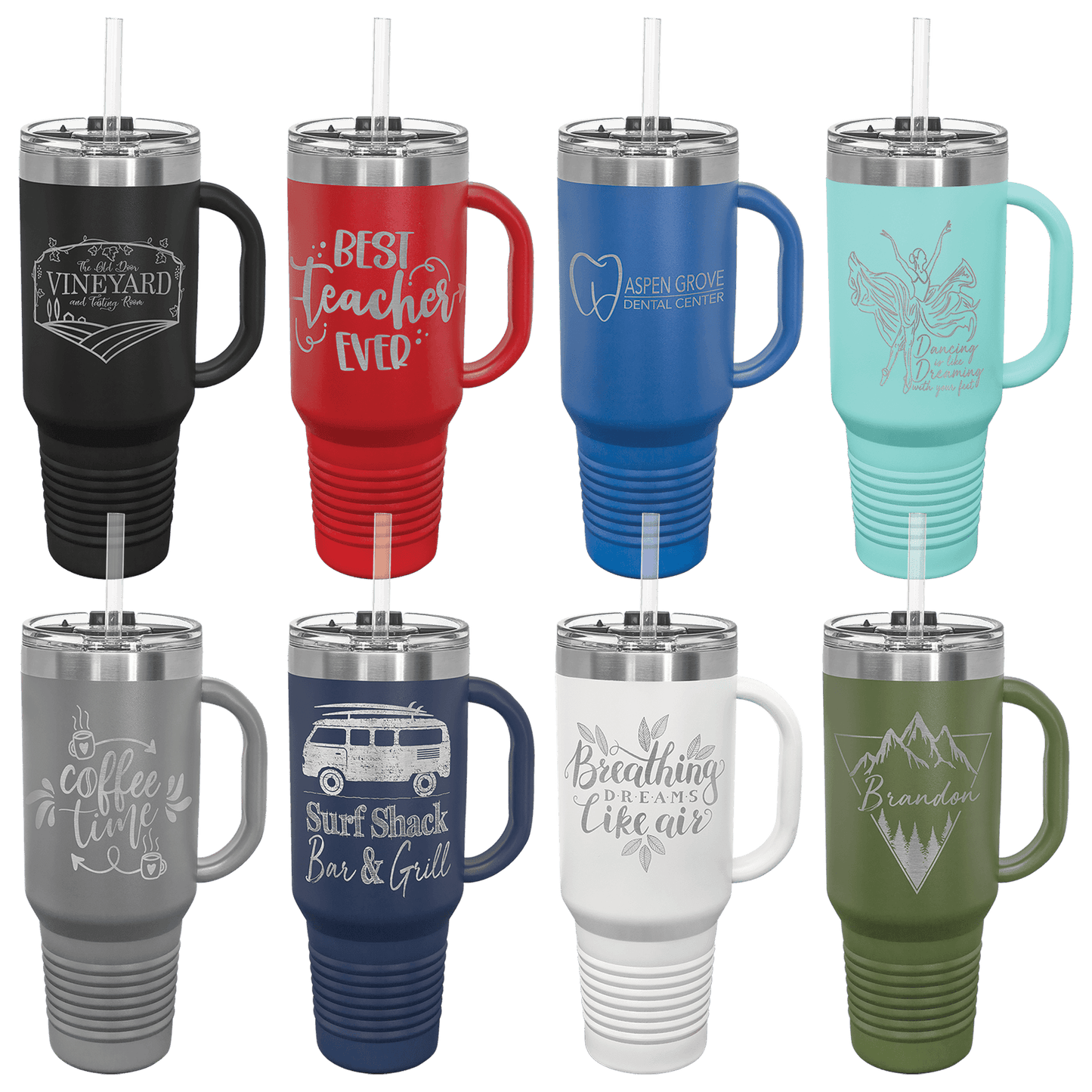 Photo of various 40 oz tumblers with lid and handle