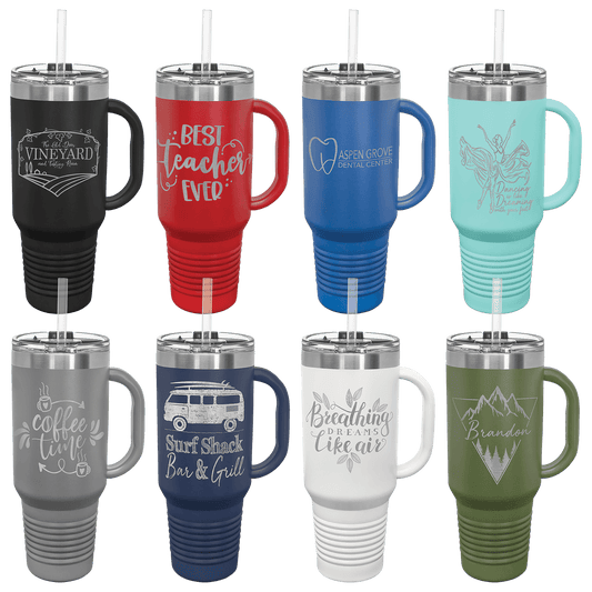 Photo of various 40 oz tumblers with lid and handle